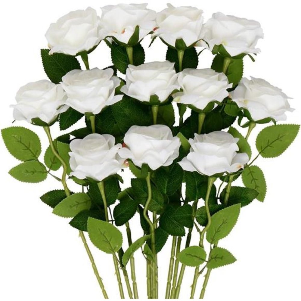12 PCS Rose Artificial Flowers, White Silk Roses with Stems Wedding Arrangement